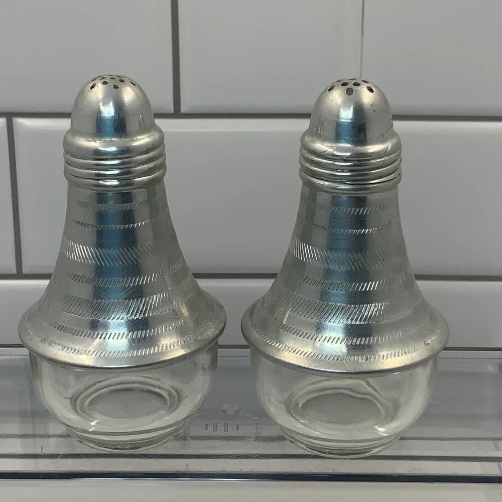 Vintage Aluminum Glass Salt and Pepper Shakers Etched Silver Clear Set